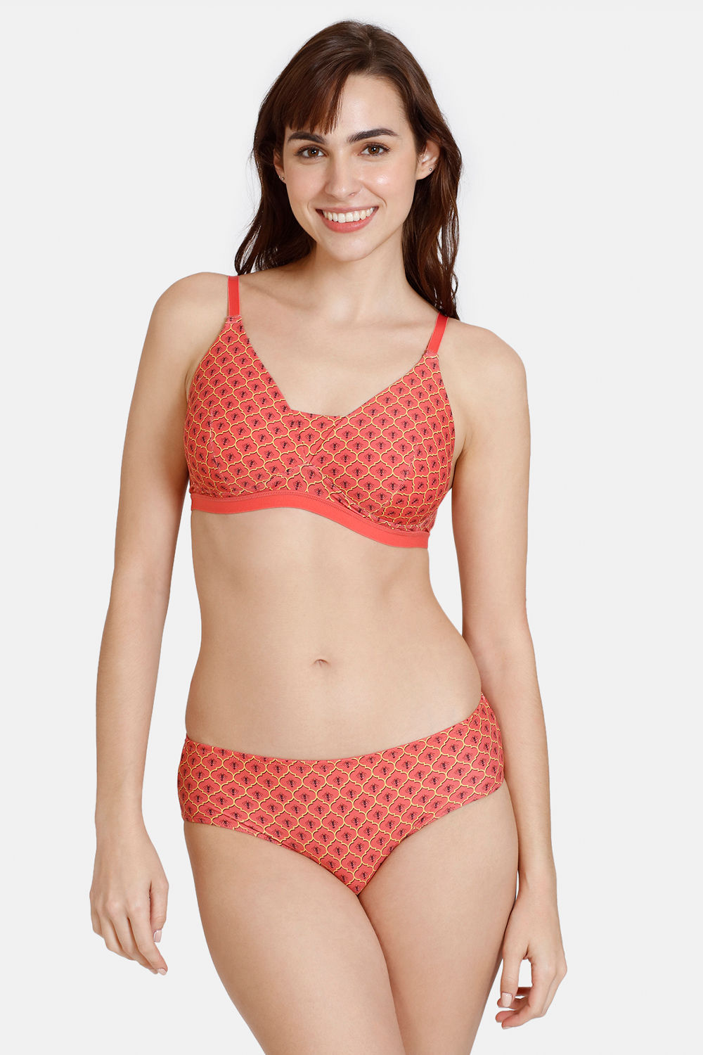 model image of Zivame Zellij Dreams Padded Non Wired 3/4th Coverage T-Shirt Bra With Hipster Panty - Spiced Coral
