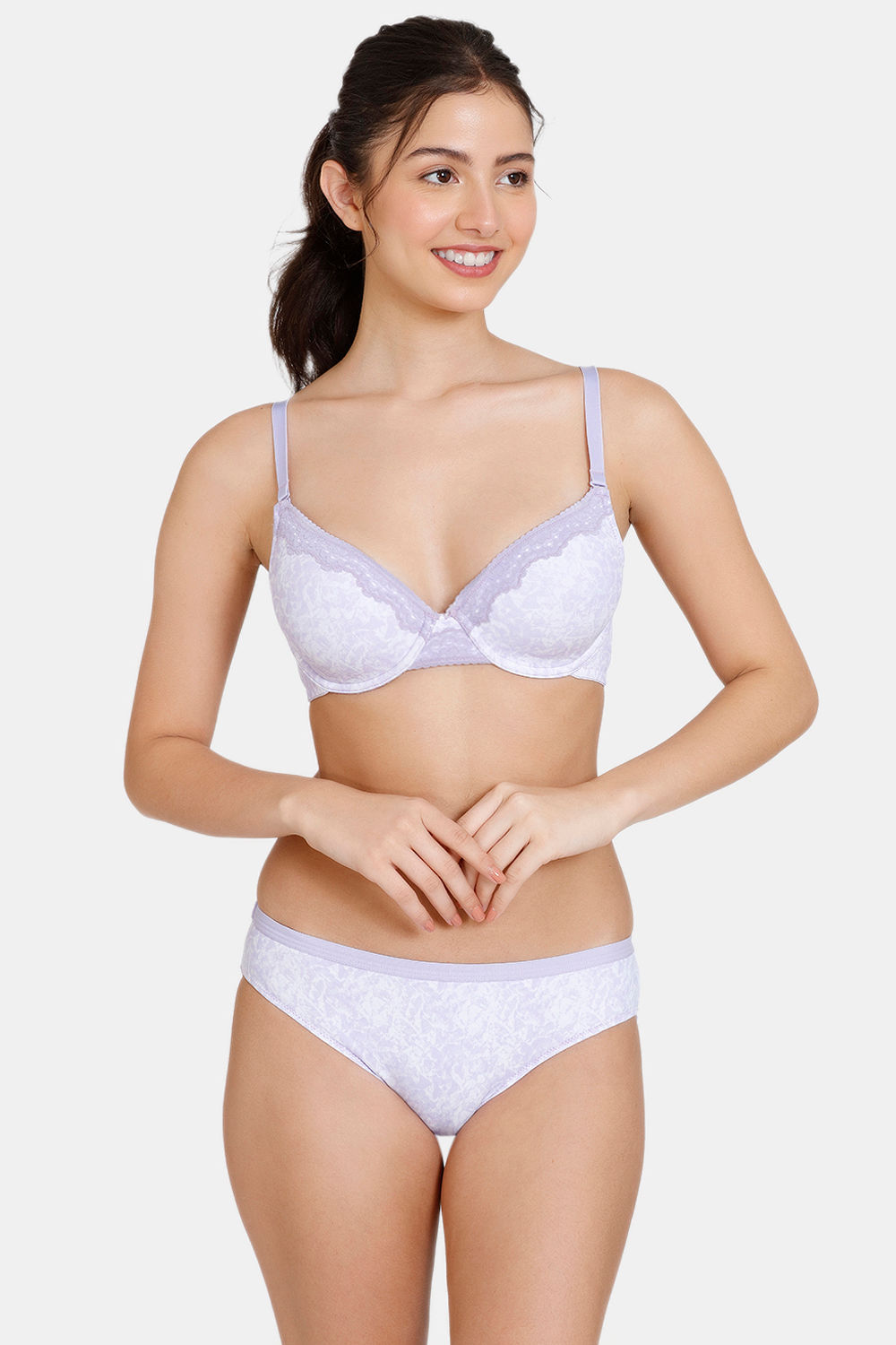 Buy Zivame Mio Amore Padded Non Wired 3/4th Coverage T-Shirt Bra With Bikini  Panty - Pink Print at Rs.797 online