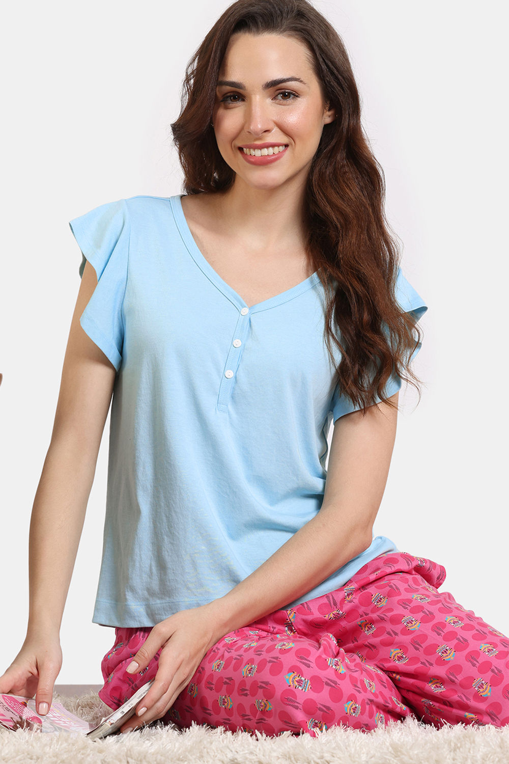Zivame Jewel Garden Knit Cotton Top With Pyjama - Blue Fruit Dove