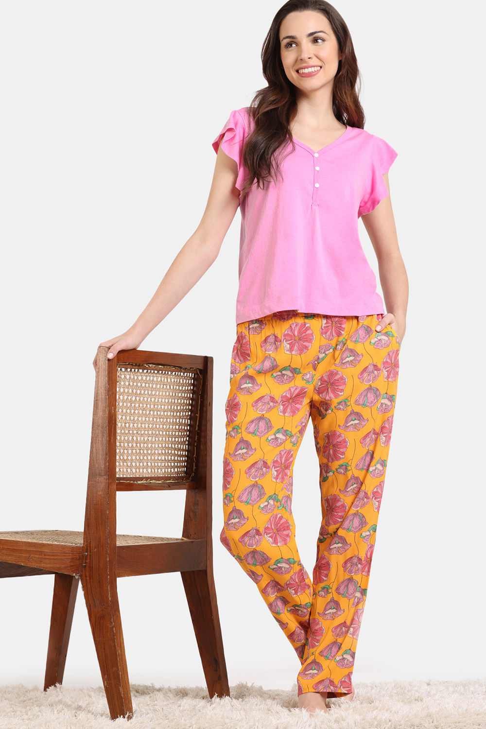 Zivame Blotched Bloom Knit Cotton Top With Pyjama - Begonia Pink Solar Power