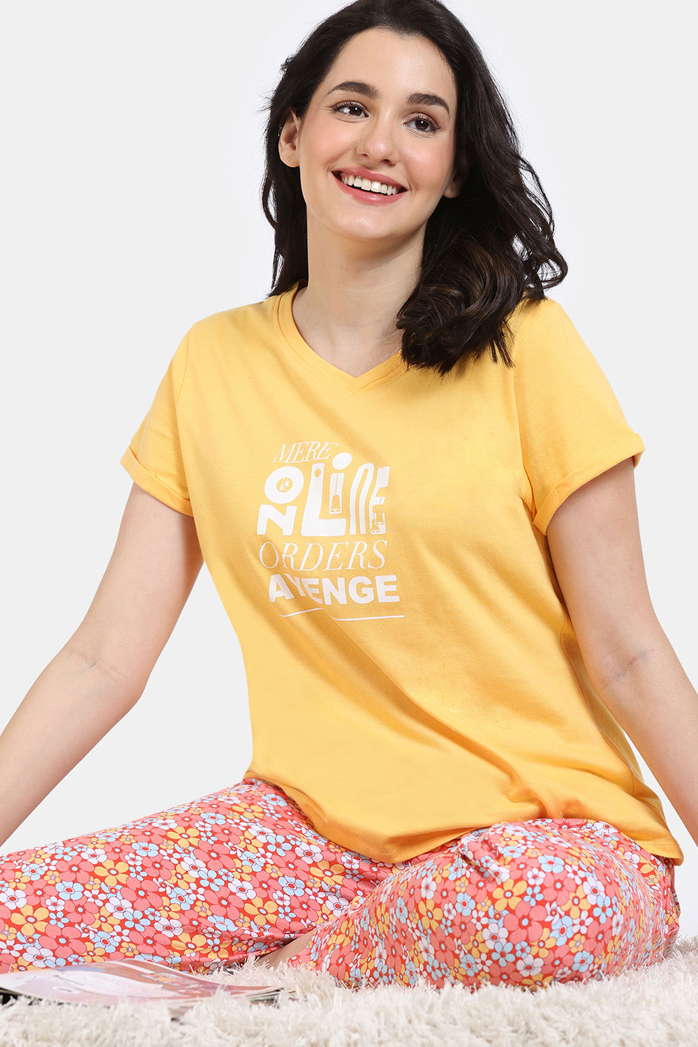 Zivame Bollywood Tadka Knit Cotton Top With Pyjama - Marigold Cherry Tomato