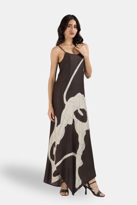 Sands of India Women Abstract Print Asymmetric Hem A-Line Brown Maxi Dress - Brown — image 2