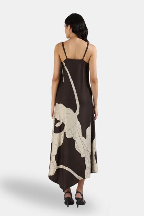 Sands of India Women Abstract Print Asymmetric Hem A-Line Brown Maxi Dress - Brown — image 4