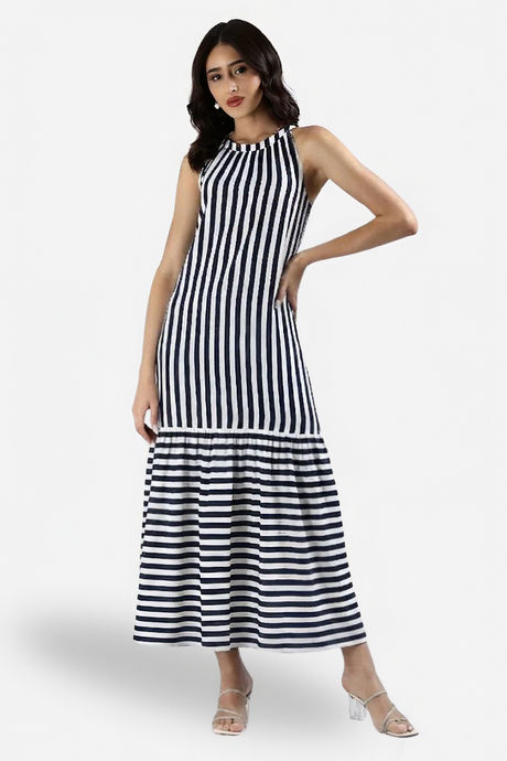Buy Sands of India Women Blue & Off-White Striped Halter Neck Flounce Hem Dress - Blue