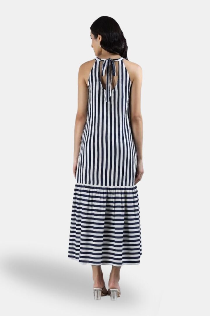 Sands of India Women Blue & Off-White Striped Halter Neck Flounce Hem Dress - Blue — image 2