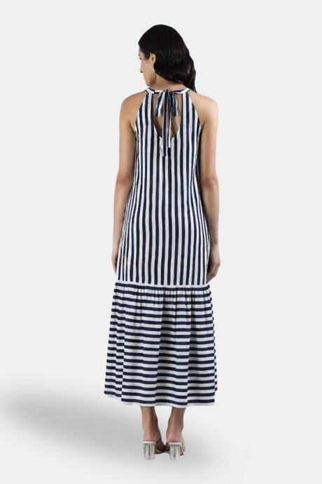 Sands of India Women Blue & Off-White Striped Halter Neck Flounce Hem Dress - Blue — image 2