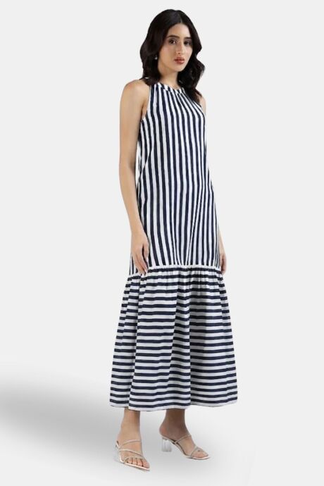 Sands of India Women Blue & Off-White Striped Halter Neck Flounce Hem Dress - Blue — image 4
