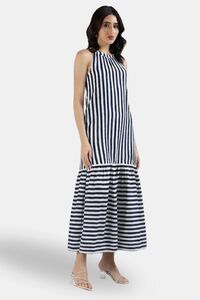 Sands of India Women Blue & Off-White Striped Halter Neck Flounce Hem Dress - Blue — thumbnail 4