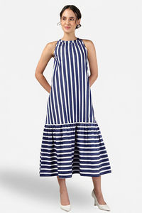 Sands of India Blue Off-White Striped Halter Neck Flounce Hem Dress — thumbnail 1