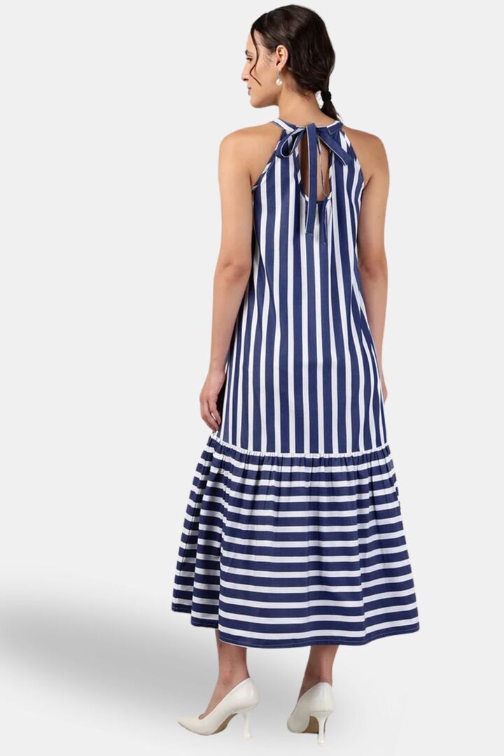 Sands of India Blue Off-White Striped Halter Neck Flounce Hem Dress — image 2