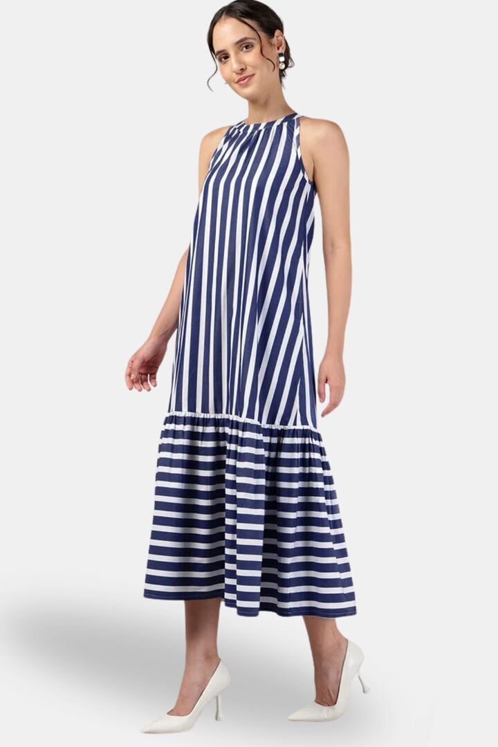 Sands of India Blue Off-White Striped Halter Neck Flounce Hem Dress — image 3