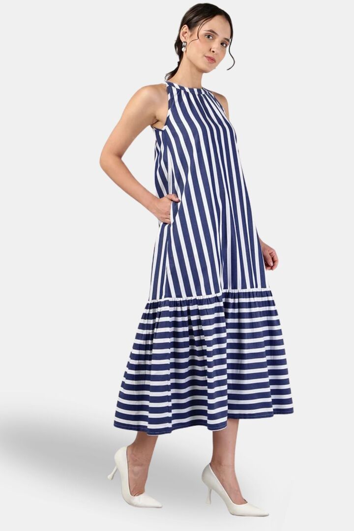 Sands of India Blue Off-White Striped Halter Neck Flounce Hem Dress — image 4