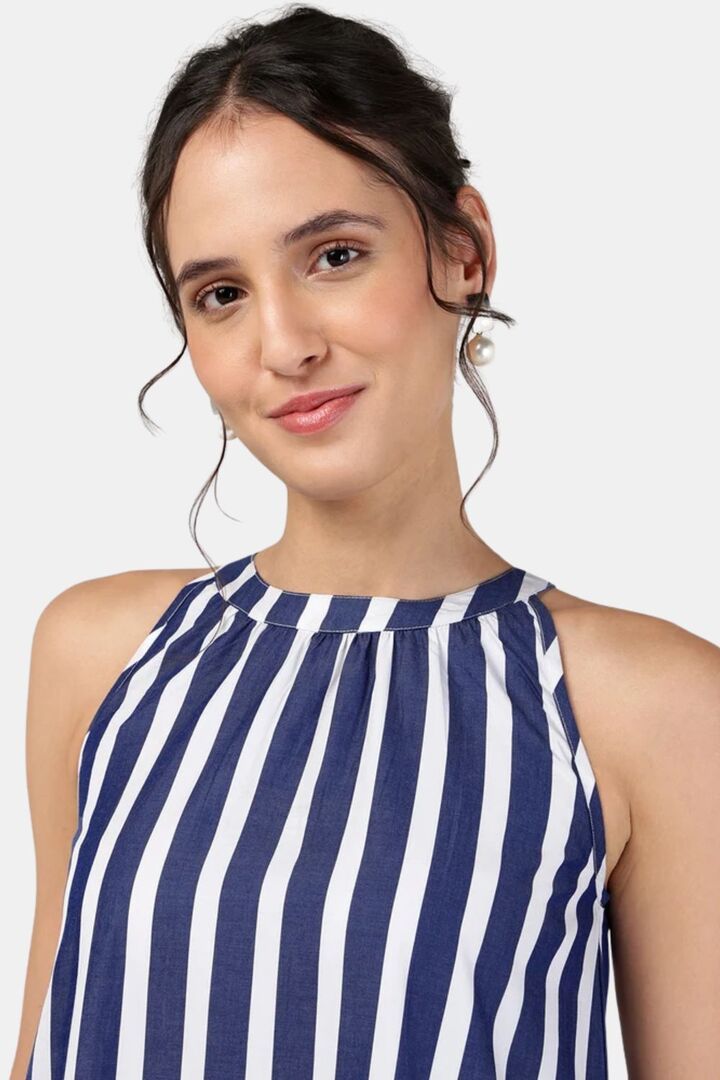 Sands of India Blue Off-White Striped Halter Neck Flounce Hem Dress — image 5