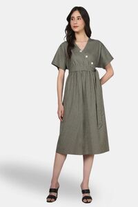 Sands of India Olive Striped Wrap-Front Midi Dress with Waist Tie — thumbnail 1
