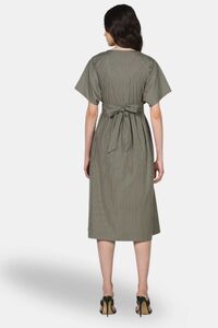 Sands of India Olive Striped Wrap-Front Midi Dress with Waist Tie — thumbnail 2