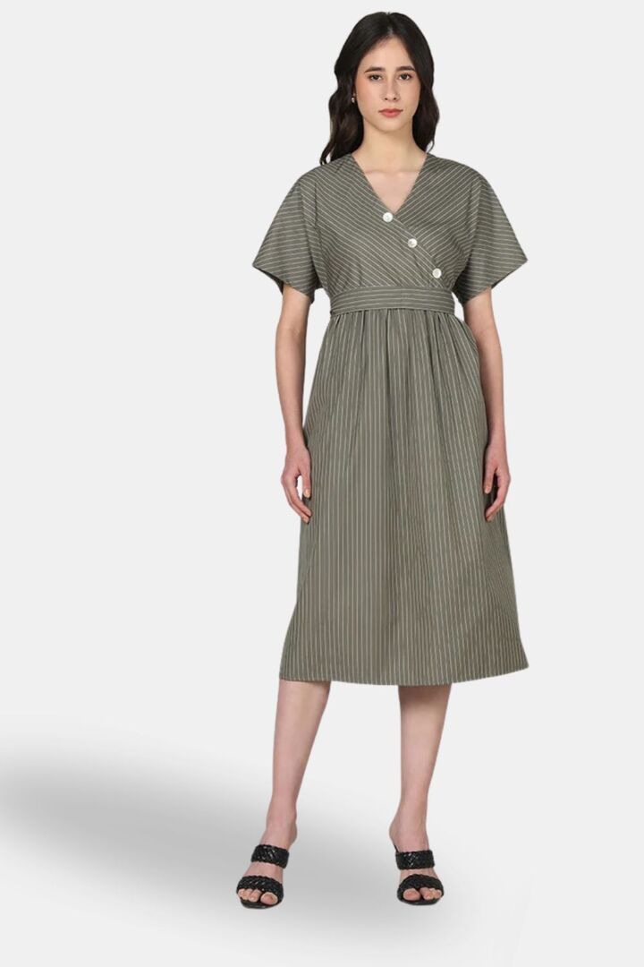 Sands of India Olive Striped Wrap-Front Midi Dress with Waist Tie — image 3