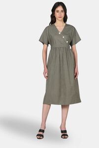 Sands of India Olive Striped Wrap-Front Midi Dress with Waist Tie — thumbnail 3