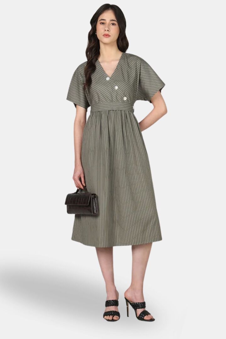 Sands of India Olive Striped Wrap-Front Midi Dress with Waist Tie — image 4
