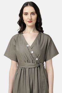 Sands of India Olive Striped Wrap-Front Midi Dress with Waist Tie — thumbnail 5