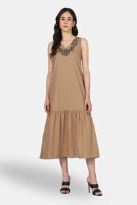 Sands of India Mocha Embroidered Sleeveless Maxi Dress with Gathered Hem -Casual Day Wear — thumbnail 1
