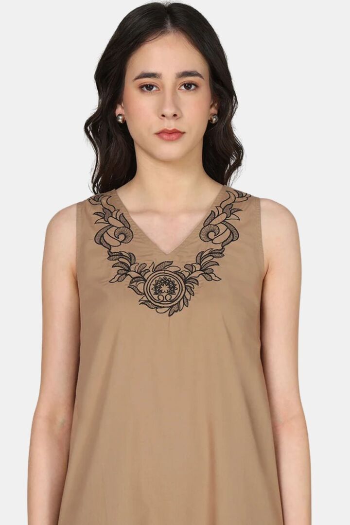 Sands of India Mocha Embroidered Sleeveless Maxi Dress with Gathered Hem -Casual Day Wear — image 3