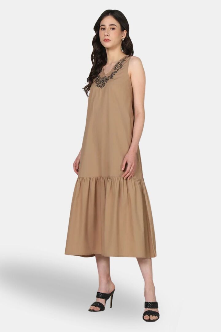Sands of India Mocha Embroidered Sleeveless Maxi Dress with Gathered Hem -Casual Day Wear — image 4