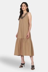 Sands of India Mocha Embroidered Sleeveless Maxi Dress with Gathered Hem -Casual Day Wear — thumbnail 4