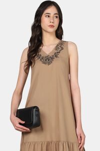 Sands of India Mocha Embroidered Sleeveless Maxi Dress with Gathered Hem -Casual Day Wear — thumbnail 5