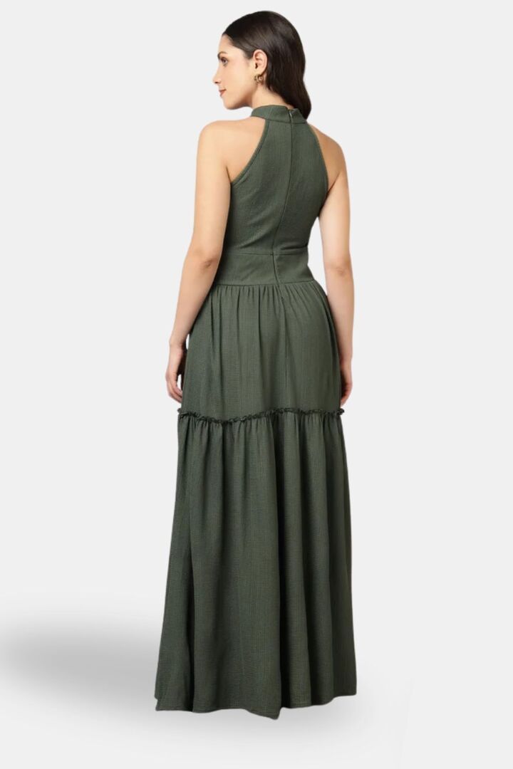 Sands of India Olive Halter Neck Gathered Maxi Dress — image 2