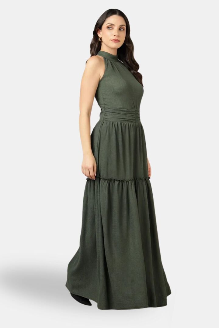 Sands of India Olive Halter Neck Gathered Maxi Dress — image 4