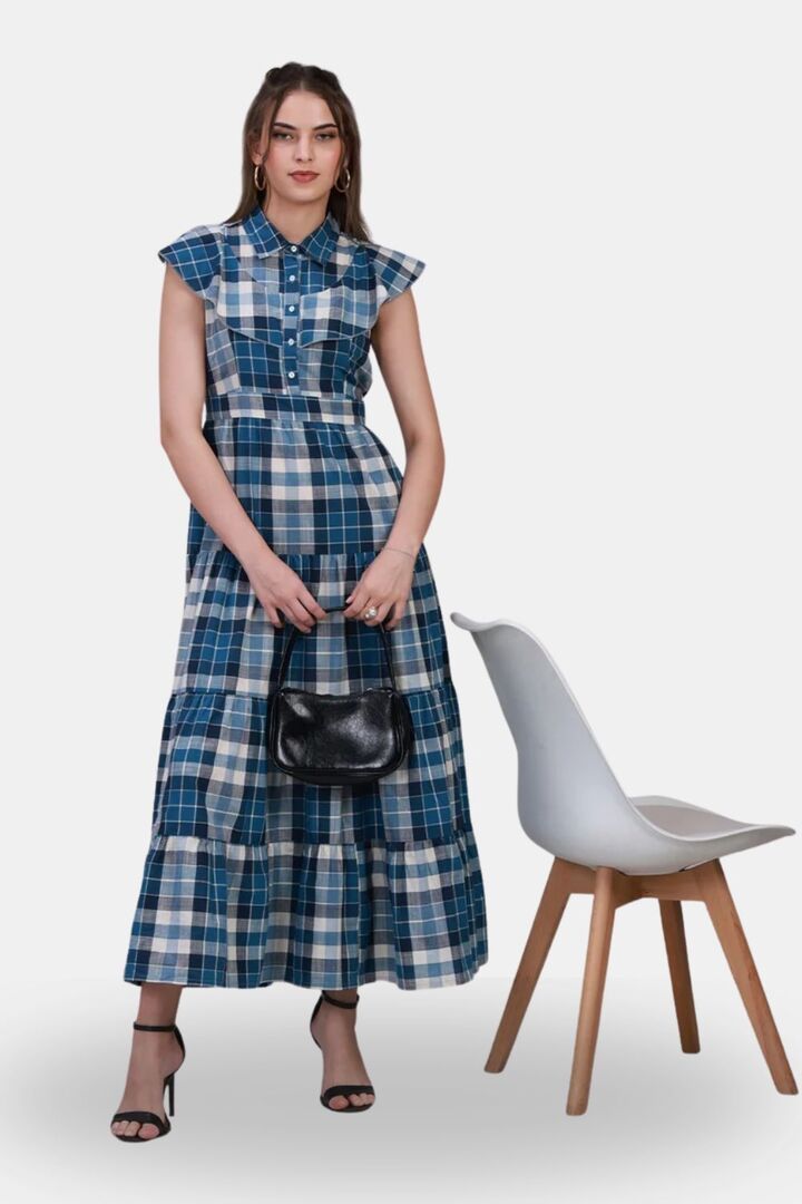 Sands of India Blue Check Maxi Dress with 4-Tier Long Double Collar — image 2