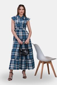 Sands of India Blue Check Maxi Dress with 4-Tier Long Double Collar — thumbnail 2