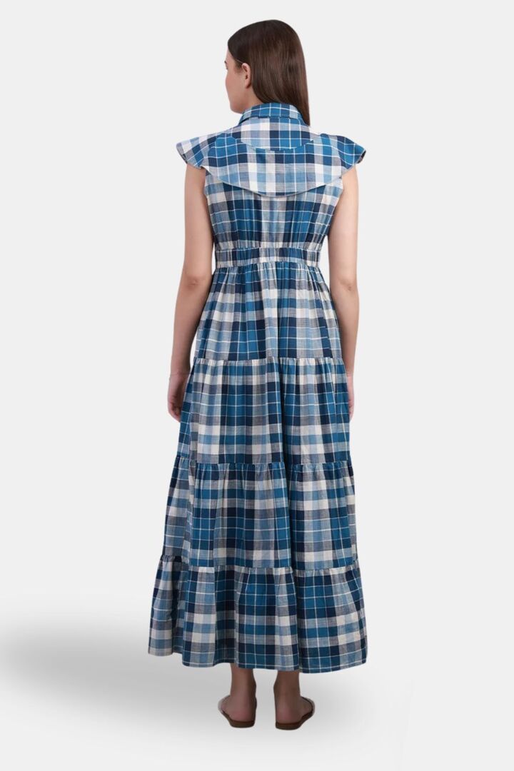 Sands of India Blue Check Maxi Dress with 4-Tier Long Double Collar — image 3
