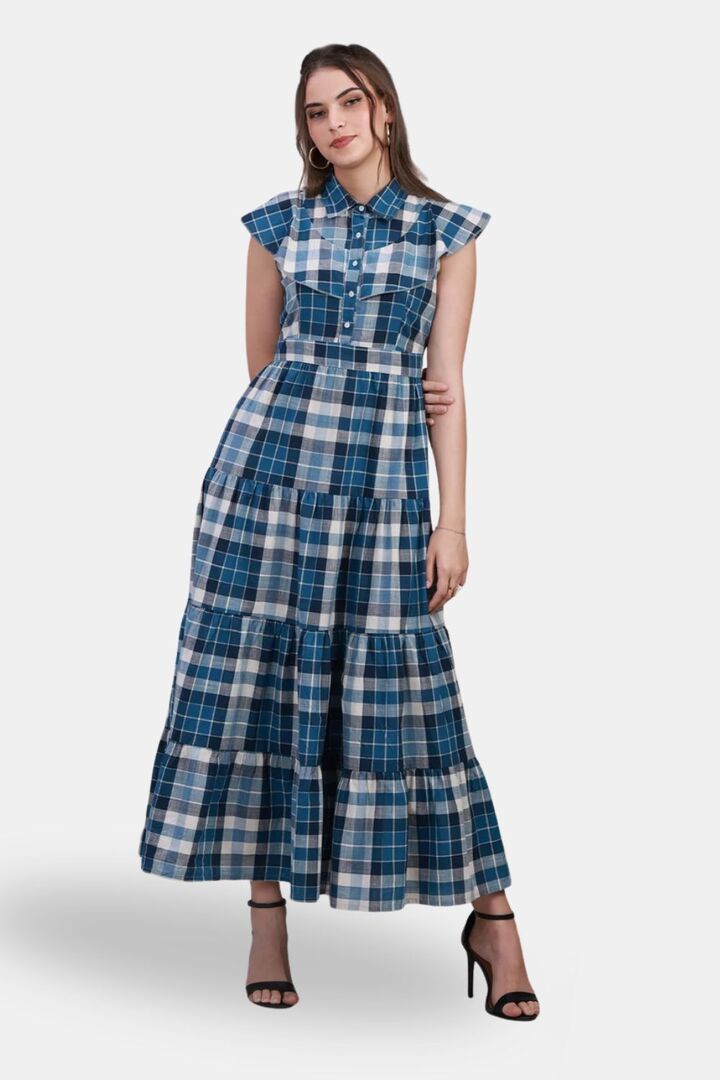 Sands of India Blue Check Maxi Dress with 4-Tier Long Double Collar — image 5