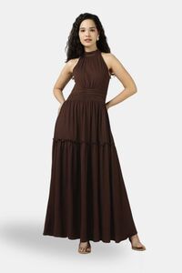 Sands of India Brown Halter Neck Gathered Evening Maxi Dress — thumbnail 1