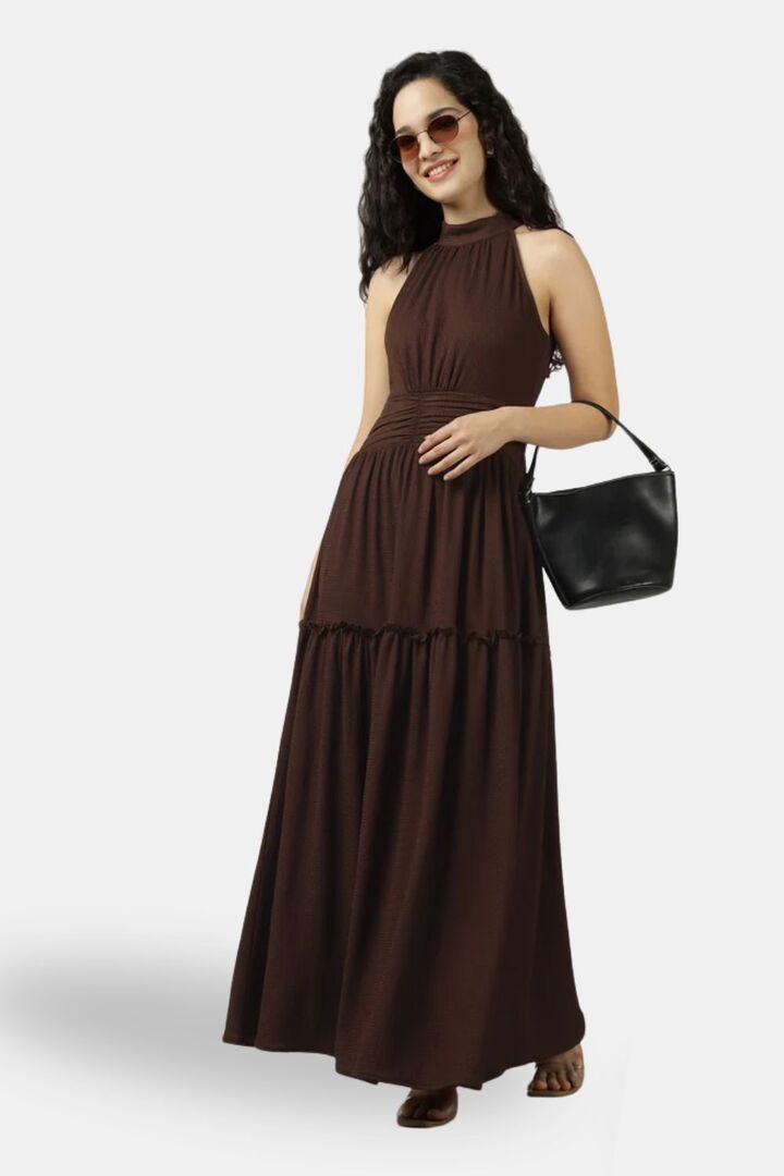 Sands of India Brown Halter Neck Gathered Evening Maxi Dress — image 2