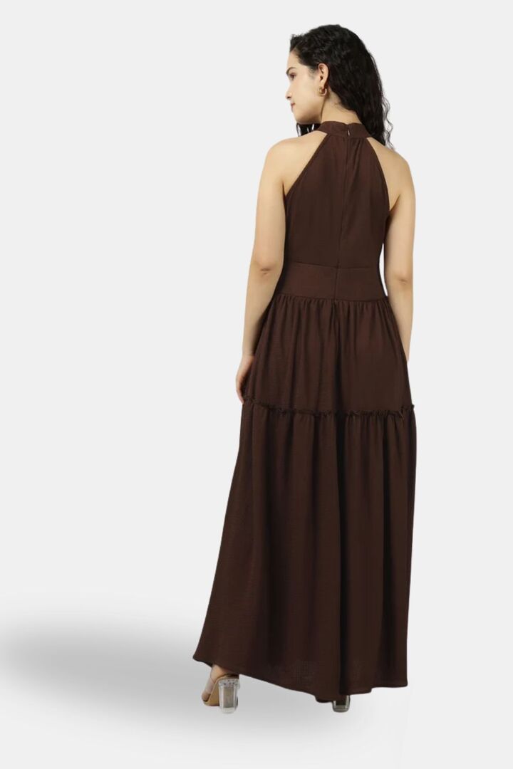 Sands of India Brown Halter Neck Gathered Evening Maxi Dress — image 3