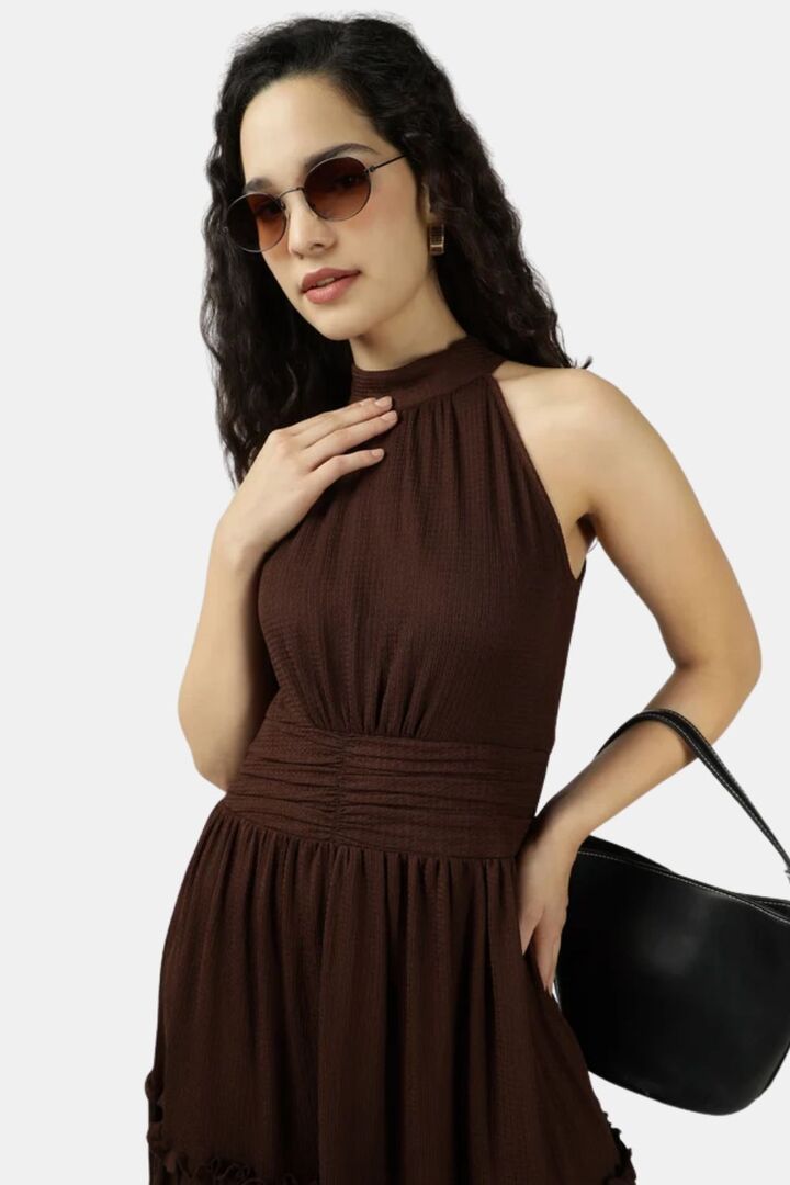 Sands of India Brown Halter Neck Gathered Evening Maxi Dress — image 4