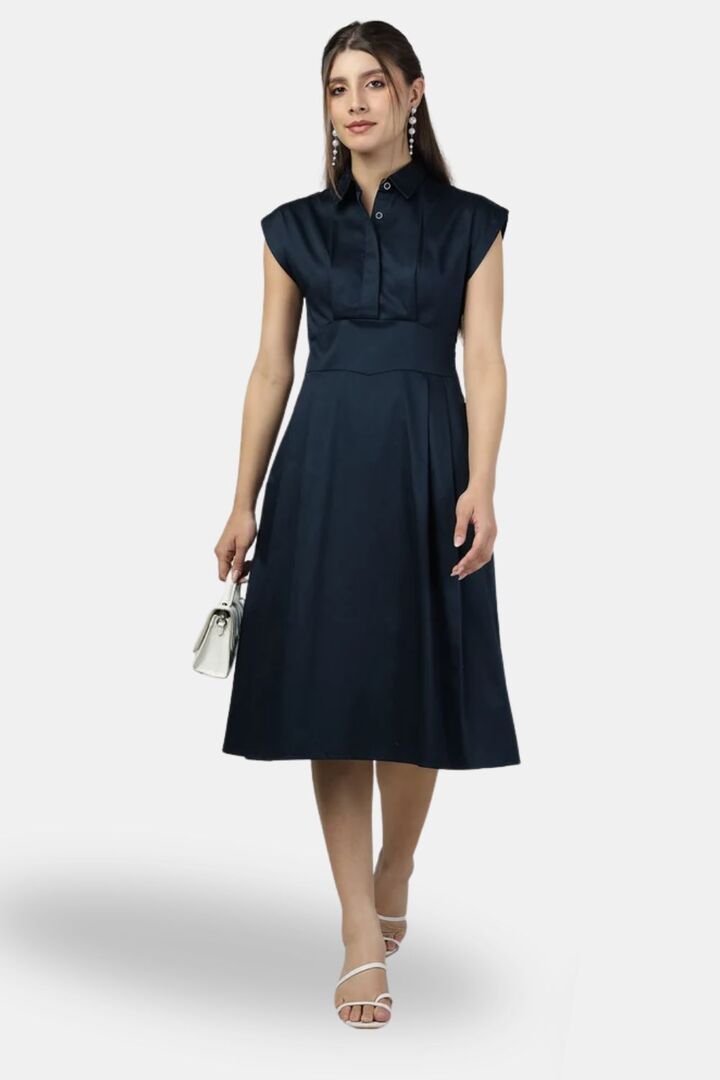 Sands of India Navy Blue Sleeveless Shirt-Collar Long Dress — image 2