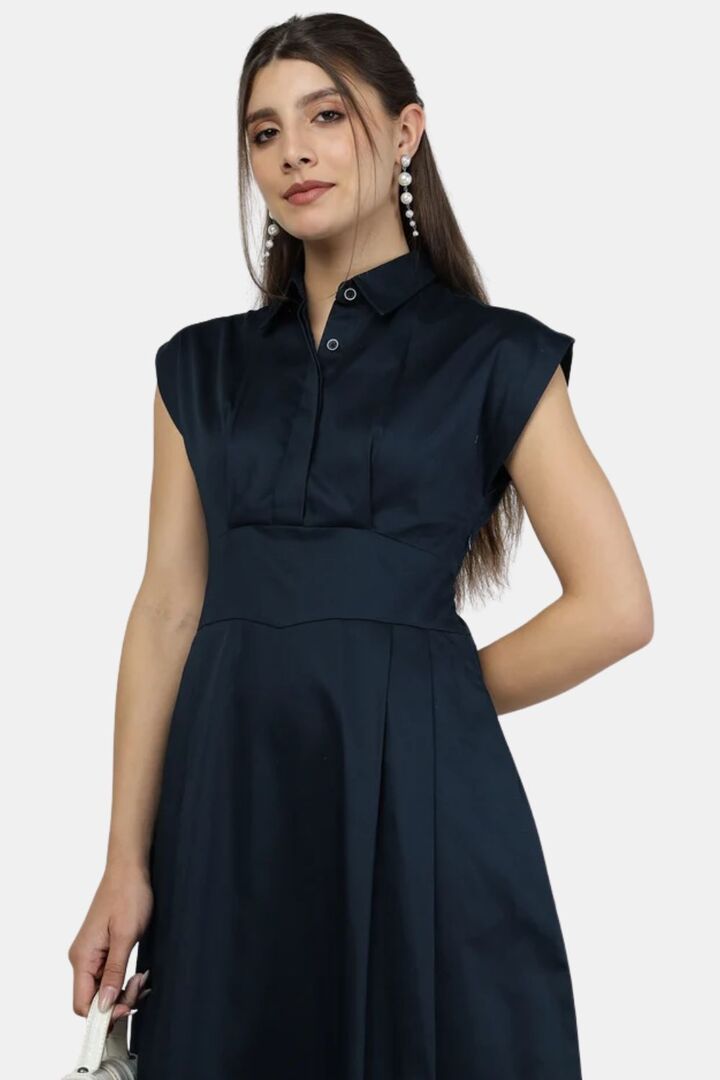 Sands of India Navy Blue Sleeveless Shirt-Collar Long Dress — image 4