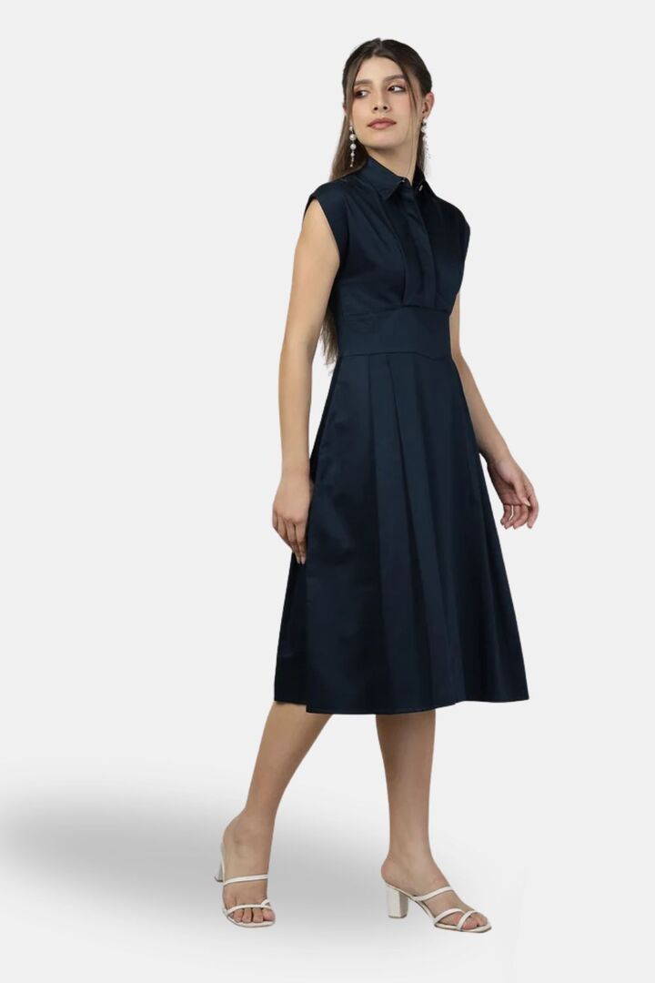 Sands of India Navy Blue Sleeveless Shirt-Collar Long Dress — image 5