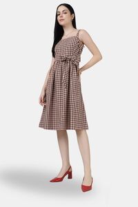 Sands of India Maroon Check Strap A-Line Midi Day Dress — thumbnail 1
