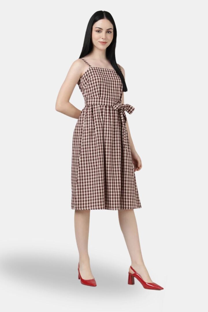 Sands of India Maroon Check Strap A-Line Midi Day Dress — image 2