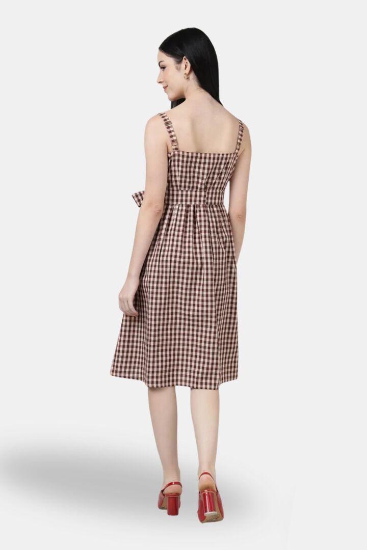 Sands of India Maroon Check Strap A-Line Midi Day Dress — image 4
