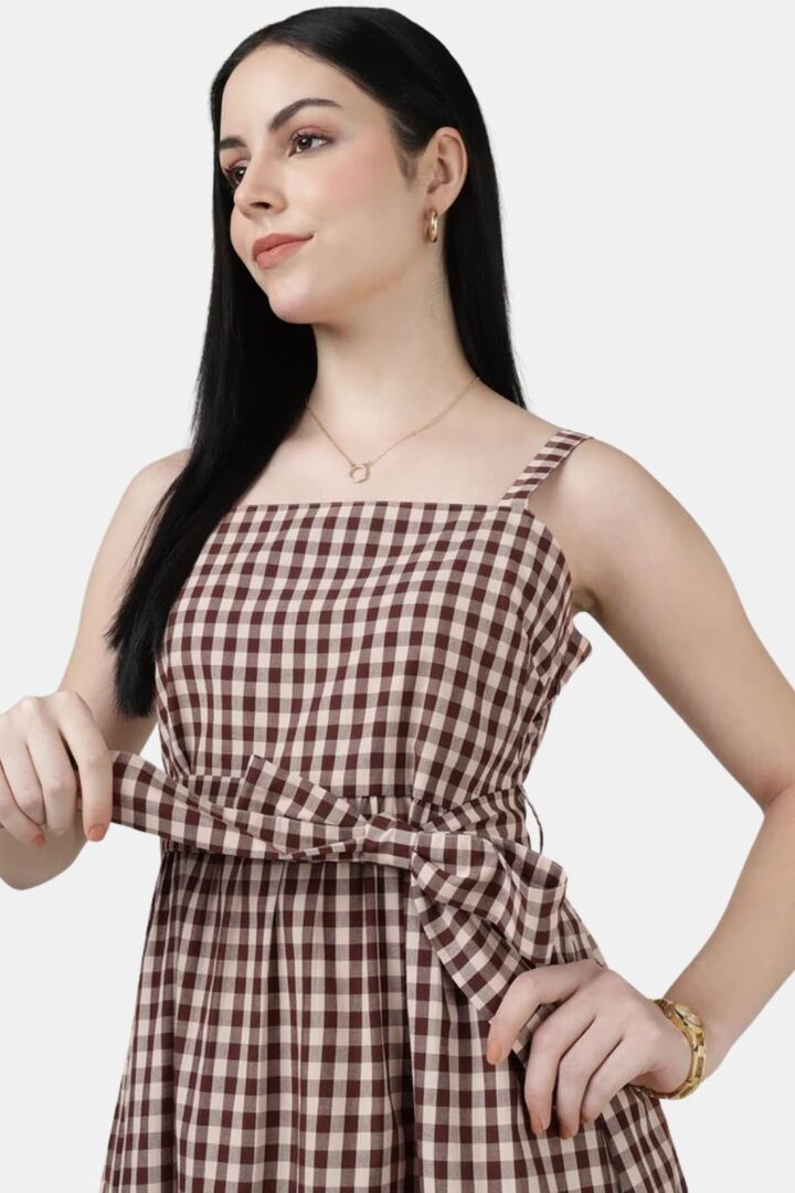Sands of India Maroon Check Strap A-Line Midi Day Dress — image 5