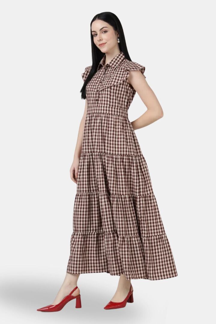 Sands of India Maroon Gingham Maxi Dress with 4-Tier Long Double Collar — image 2