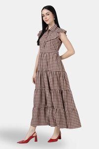 Sands of India Maroon Gingham Maxi Dress with 4-Tier Long Double Collar — thumbnail 2