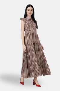 Sands of India Maroon Gingham Maxi Dress with 4-Tier Long Double Collar — thumbnail 3
