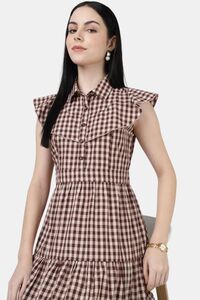 Sands of India Maroon Gingham Maxi Dress with 4-Tier Long Double Collar — thumbnail 4