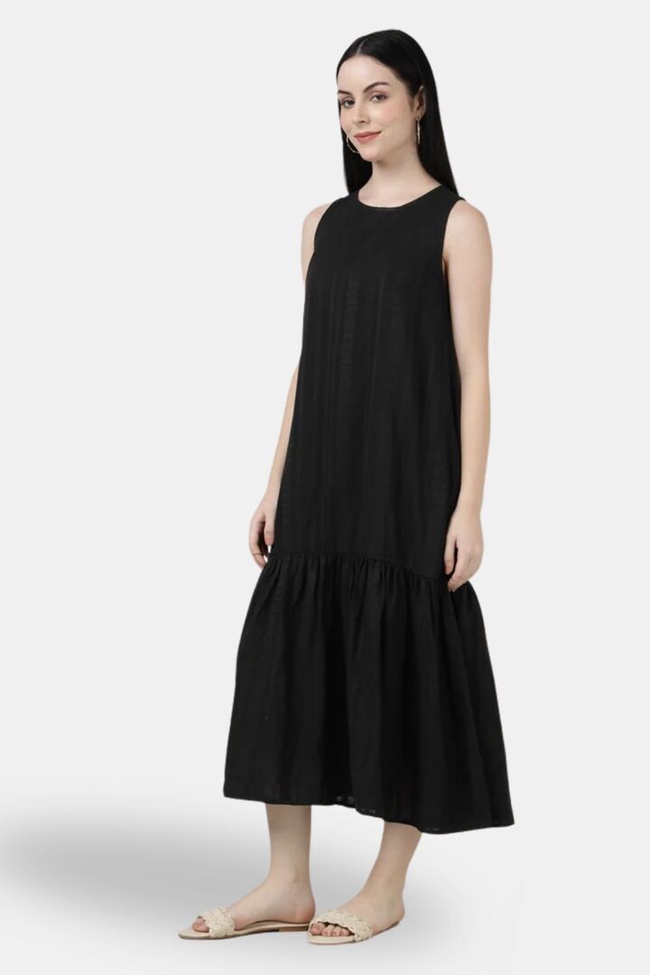 Sands of India Black Textured Maxi Dress with Gathered Hem — image 5
